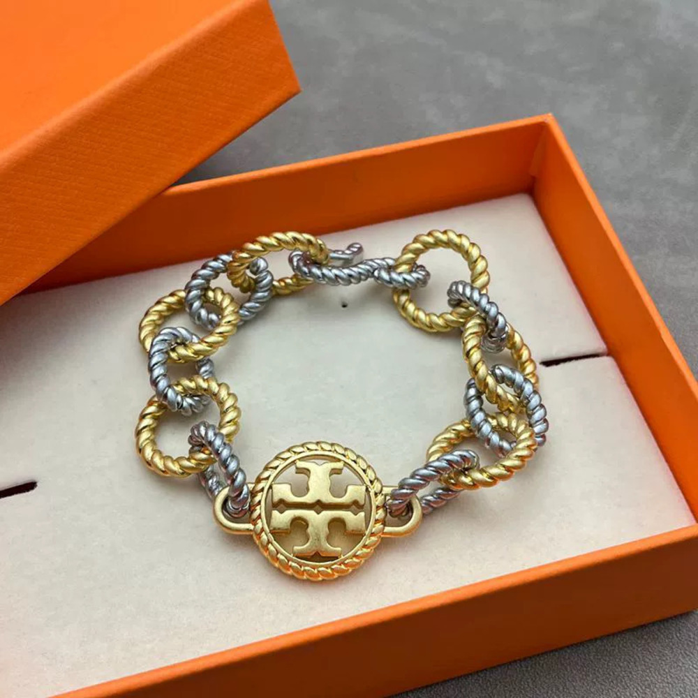 Tory Burch Twisted Rope Design Double Gold Plated Copper Bracelet Necklace Set - Picture 6 of 7